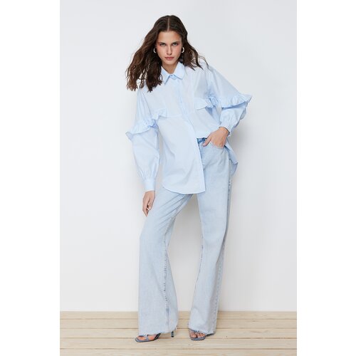 Trendyol Blue Ruffle Detail Cotton Woven Shirt Cene