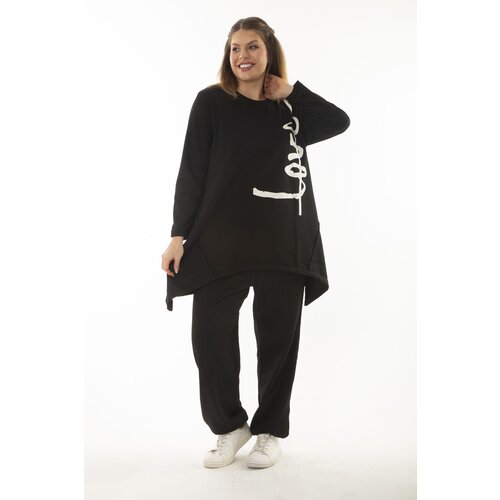 Şans Women's Plus Size Black Cup And Print Detailed Sweatshirt Trousers Double Tracksuit Suit Slike