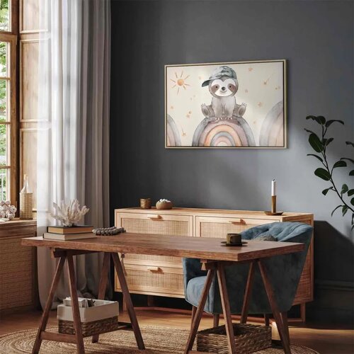  Slika - Happy Sloth - Sloth in Subdued Colors Wearing a Cap Sitting on a Rainbow Among Little Stars 90x60 U prirodnom drvenom ok Slike