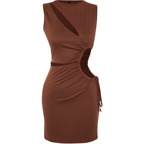 Trendyol Brown Fitted Mini Knitted Cut Out/Windowed Beach Dress