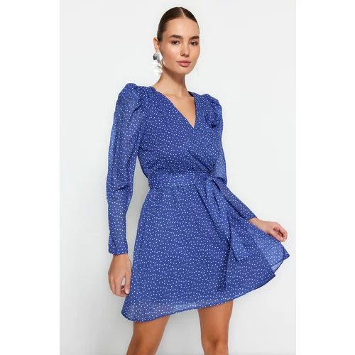 Trendyol Navy Blue Belted Rose Detail Lined Woven Polka Dot Patterned Dress