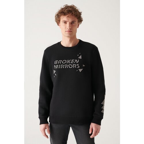 Avva Men's Black Crew Neck 3 Thread Fleece Reflective Standard Fit Regular Fit Sweatshirt Slike