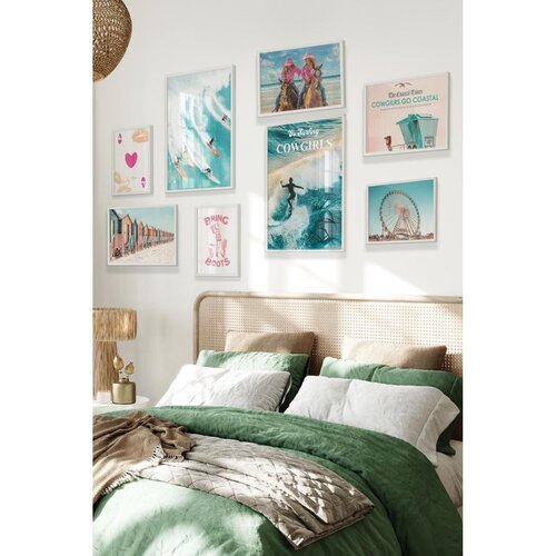 Wallxpert set od 8 uramljenih slika &Ccedil;gs-004, obalni kaubojski motivi &ndash; kaubojke na plaži, surf, spasilačka kućica i panoramski točak, beli ram Cene