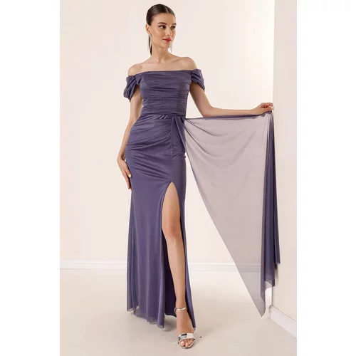 By Saygı Pleats in the Front and Lined Glittery Long Dress Dark Indigo