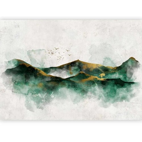  Foto tapeta - Abstract landscape - green mountains with golden patterns and birds 100x70 Vodootporna Slike