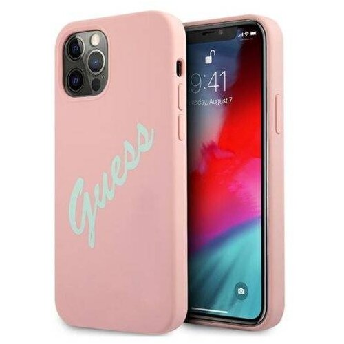 Guess GUHCP12MLSVSPG Big Logo silikonski ovitek za iPhone 12 / 12 Pro - roza z napisom Slike