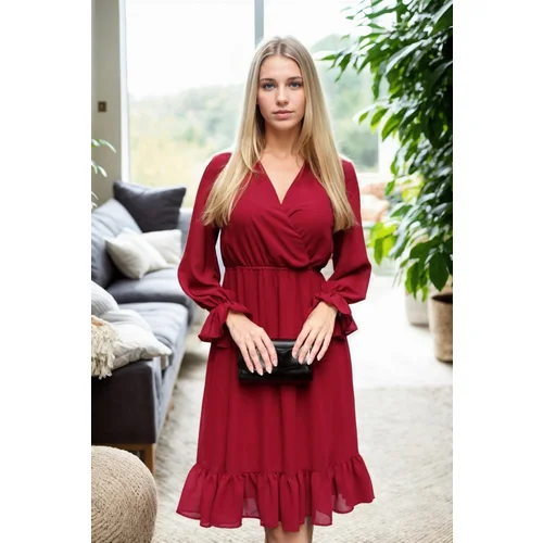 Dewberry 11353 Lined Double Breasted Chiffon Dress-BURGUNDY