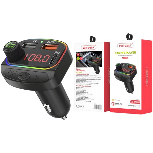 Ven-Dens Autopunjač i FM Prijenosnik s 2 USB Porta + PD 18W - Crna Cijene