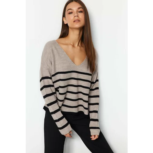 Trendyol Mink Super Wide Fit Striped Knitwear Sweater