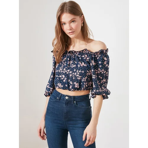 Trendyol Dark Blue Floral Short Blouse with Off Shoulders - Women