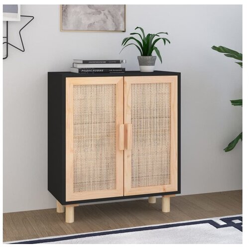  Komoda crna 60 x 30 x 70 cm masivna borovina i prirodni ratan Cijene