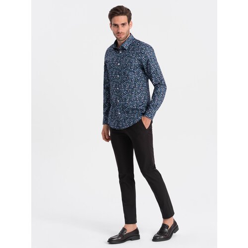 Ombre Men&amp;#039;s SLIM FIT patterned cotton shirt - dark blue Slike
