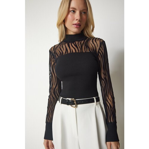 Women's Black Tulle Detailed Ribbed Knitted Blouse Slike