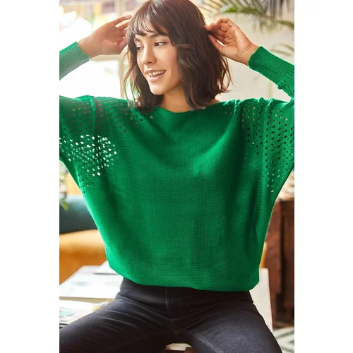 Olalook Women's Emerald Green with Openwork Bat Oversize Knitwear Sweater