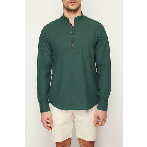 Trendyol Dark Green Slim Fit Half-Plack Magnetic Collar 100% Cotton Shirt Cene