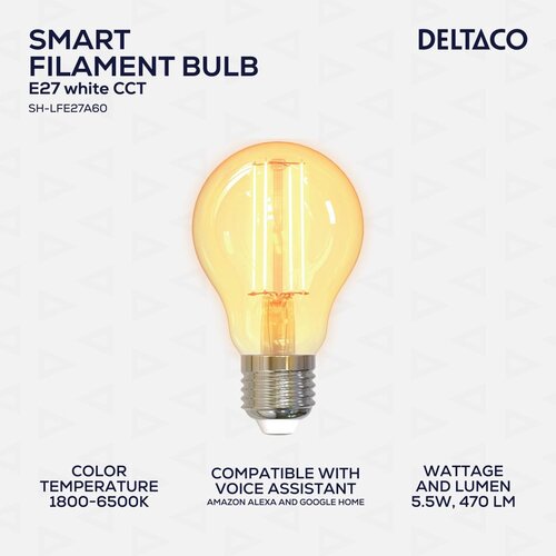 Deltaco SMART HOME LED filament žarnica, E27, WiFI 2.4GHz, 5.5W, 470lm, 1800K-6500K,220-240 Cene