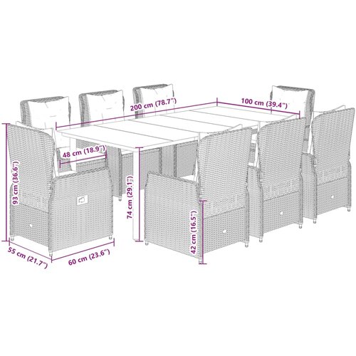  9-dijelni vrtni blagovaonski set s jastucima poliratan smeđi Smeđa 200 x 100 x 74 cm Slike