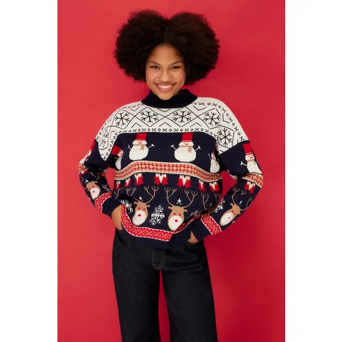 Trendyol Navy Blue Oversize Christmas Theme Knitwear Sweater