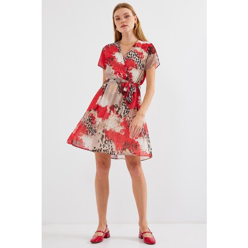 Bigdart 2502 Short Sleeve Patterned Chiffon Dress - Red Slike