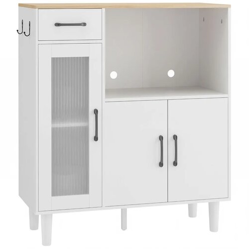  Kuhinjski ormarić s ladicom 2 ormarića otvoreni pretinac rebrasta vrata od akrilnog stakla 80 x 34 x 91 cm Bijela+Hrast Slike