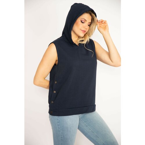 Şans Women's Plus Size Navy Blue Side Snaps Slit Hooded Sleeveless Sweatshirt Cene