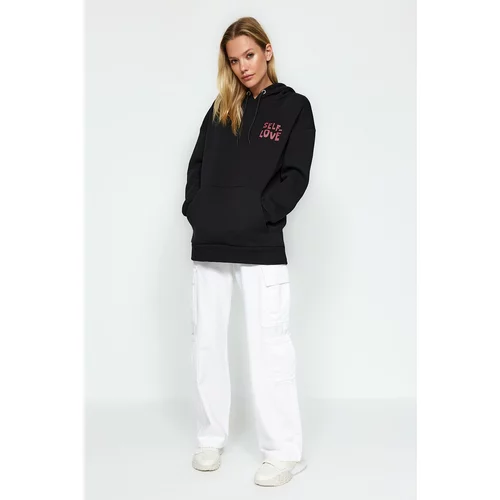 Trendyol Black With Print Detail Oversized/Wide Fit, Fleece Inside Knitted Sweatshirt