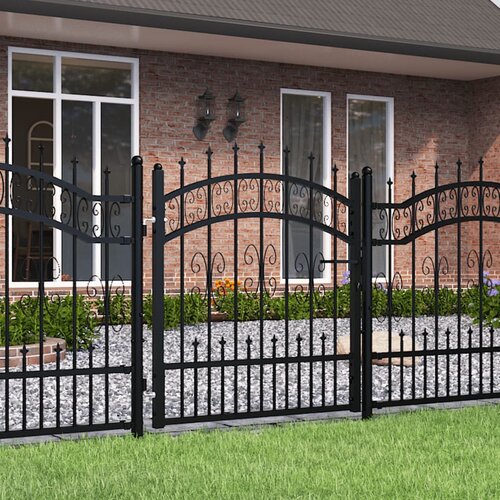 vidaXL Vrata za ograjo s suličastim vrhom črna 103x150 cm prašno jeklo Cene