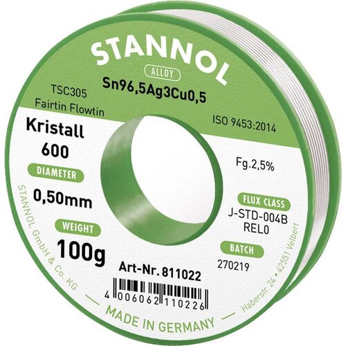 Stannol mehka spajkalna žica Kristall 600 v zlitini Flowtin TSC305 z 2\,5% pretoka 0\,5 mm premera na 100 g koluta Kristall 600 Fairtin spajkalna žica\, neosvinčena neosvinčeni Sn96\, (20428510) Cene