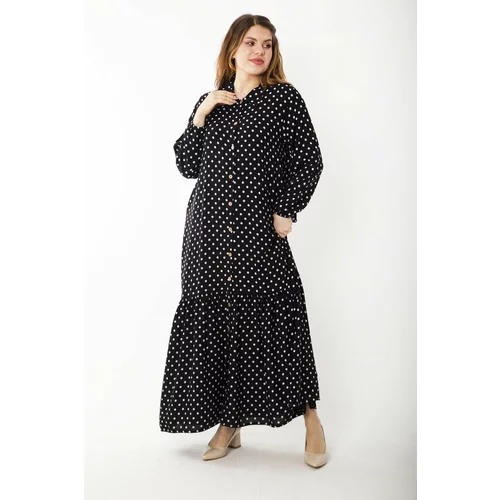 Şans Women's Plus Size Black Woven Viscose Fabric Front Length Buttoned Hem Tiered Dress