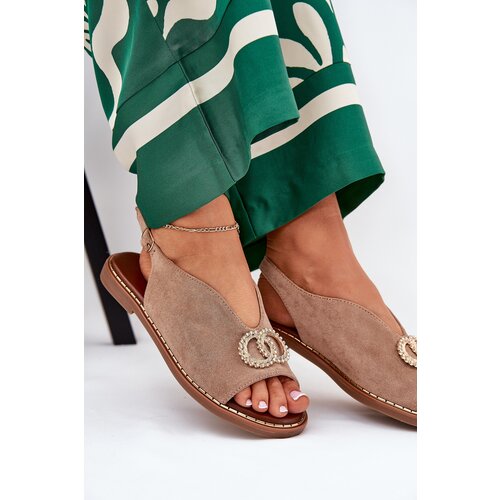 Boto Ladies Sandals With Decoration On Flat Heel Eco Suede Dark Beige Ralisses Cene