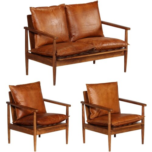  3-dijelni set sofa od prave kože i masivnog drva bagrema smeđi Slike
