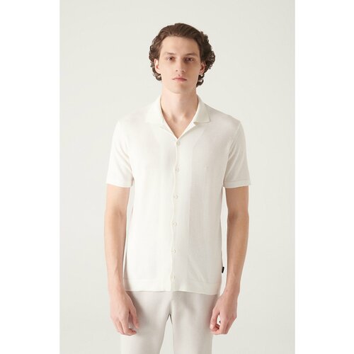 Avva Men's White Cuban Collar Buttoned Standard Fit Normal Cut Knitwear T-shirt Slike