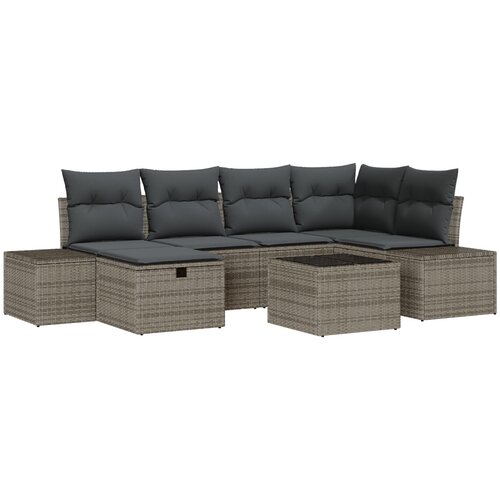 vidaXL 7-delni Vrtni Kavč Set z Blazinami Siva Poly Rattan Cene