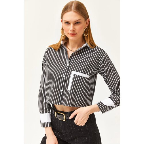 Olalook Women's Black and White Pocket and Cuff Detail Striped Crop Shirt Cene