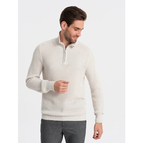 Ombre Men's knitted sweater with spread collar - cream Slike