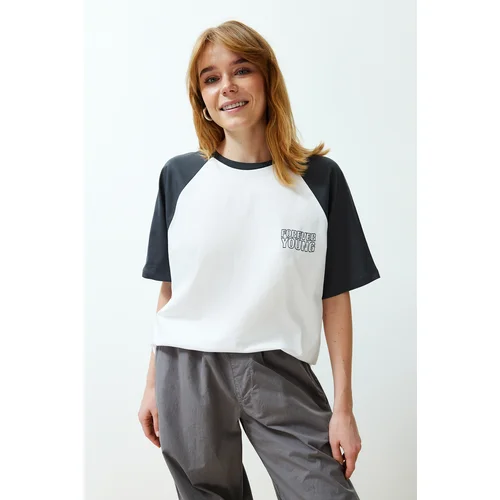 Trendyol White 100% Cotton Color Block Slogan Relaxed/Comfortable Cut Knitted T-Shirt