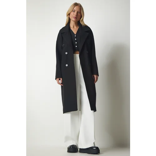  Women's Black Double Breasted Collar Oversized Stamped Coat