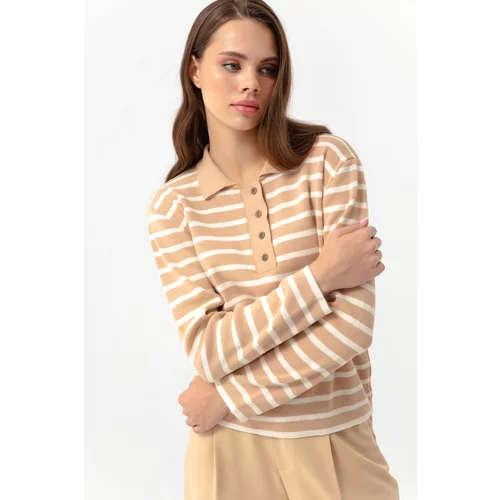 Lafaba Women's Mink Polo Neck Striped Knitwear Sweater