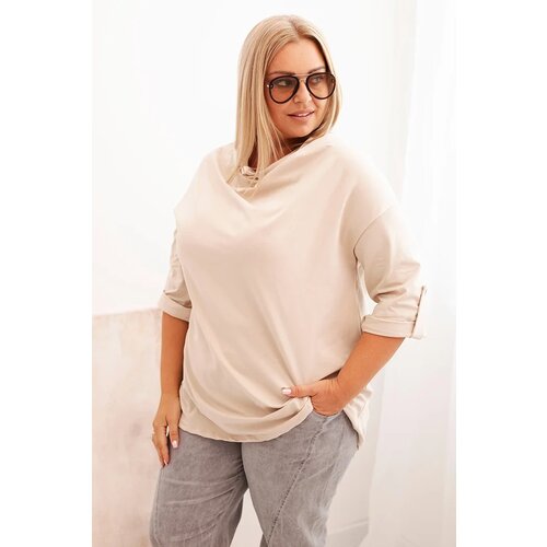 Kesi Włoski Plus Size women's blouse with cotton in a loose fit and a water neckline beige Cene
