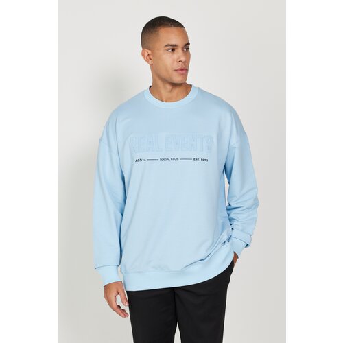 AC&Co / Altınyıldız Classics Men's Blue Oversize Wide-Fit Fleece 3 Thread Crew Neck Cotton Sweatshirt Slike