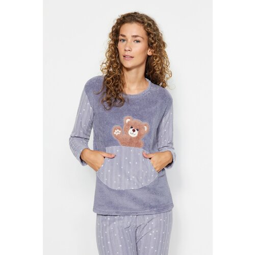 Trendyol Smoked Wellsoft Teddy Bear Patterned Tshirt-Pants and Knitted Pajamas Set Slike