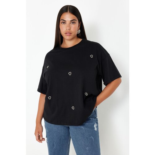 Trendyol curve black heart accessory detailed oversize knitted t-shirt Cene