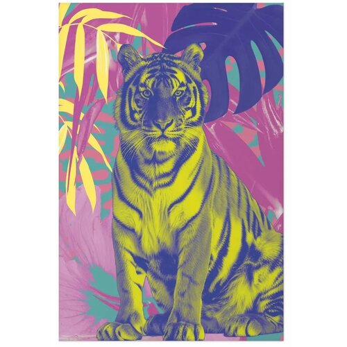  Plakat - Colorful Tiger - intense colors of a tiger surrounded by tropical plants 40x60 Bez okvira Slike