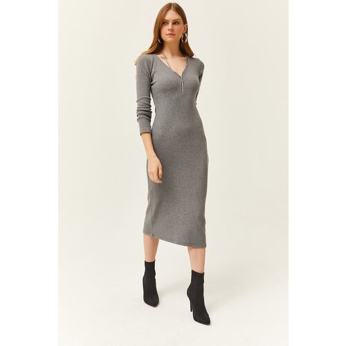 Olalook Women&amp;#039;s Smoky V Neck Zippered Thick Ribbed Midi Dress Slike
