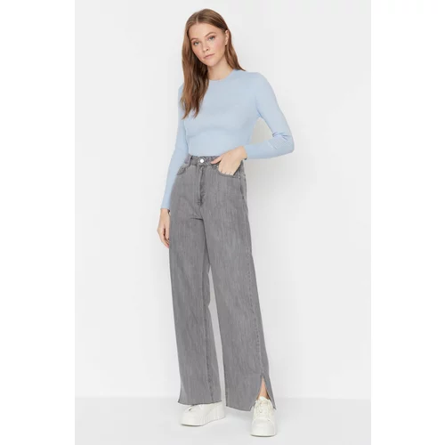 Trendyol Gray Slit High Waist 100% Cotton Wide Leg Jeans