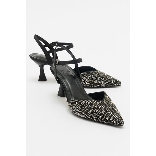 LuviShoes VİLKA Black Satin Stone Pointed Toe Thin Heeled Evening Shoes Cene