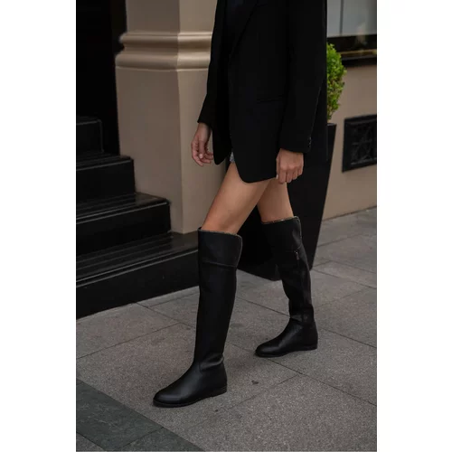Madamra Black Women's Stone Detailed Long Leather Women's Boots.