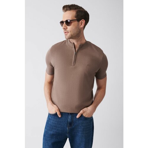 Avva Men's Mink Zippered Polo Neck Standard Fit Regular Cut Knitwear T-shirt Cene