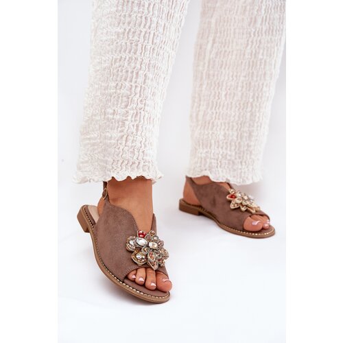 S. BARSKI Ladies Sandals On Flat Heel With Decoration S.Barski KV27-001 Dark Beige Cene