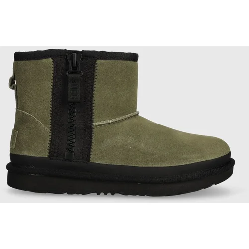 Ugg Dječje cipele za snijeg od brušene kože KIDS CLASSIC MINI ZIPPER TAPE L boja: zelena